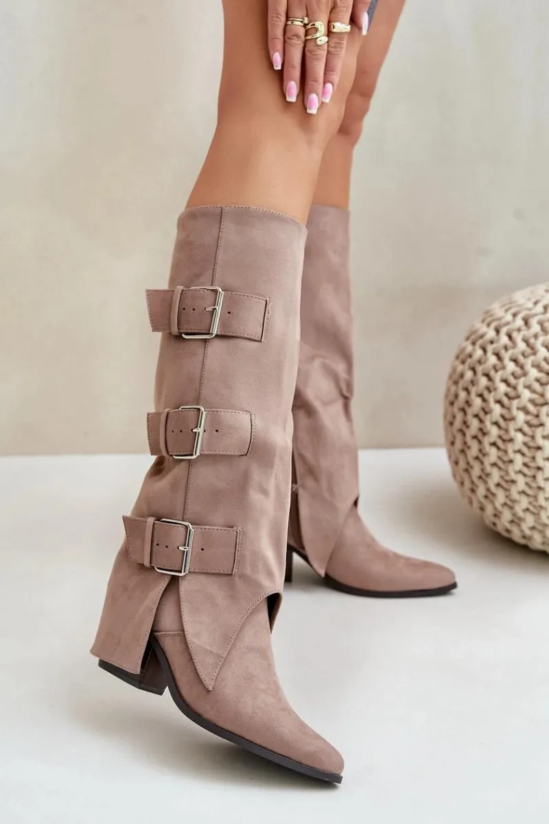 Discount Kozaki Na Słupku Z Wywiniętą Cholewką I Klamrami Beżowe Vamissa Damskie Kozaki Ocieplane|Kozaki Z Wywiniętą Cholewką