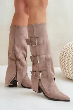 Discount Kozaki Na Słupku Z Wywiniętą Cholewką I Klamrami Beżowe Vamissa Damskie Kozaki Ocieplane|Kozaki Z Wywiniętą Cholewką