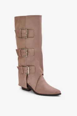 Discount Kozaki Na Słupku Z Wywiniętą Cholewką I Klamrami Beżowe Vamissa Damskie Kozaki Ocieplane|Kozaki Z Wywiniętą Cholewką