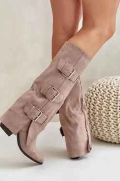 Discount Kozaki Na Słupku Z Wywiniętą Cholewką I Klamrami Beżowe Vamissa Damskie Kozaki Ocieplane|Kozaki Z Wywiniętą Cholewką