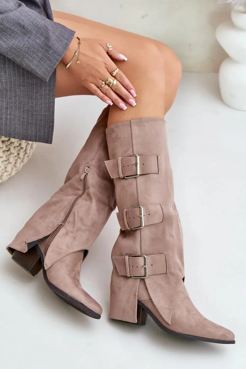 Discount Kozaki Na Słupku Z Wywiniętą Cholewką I Klamrami Beżowe Vamissa Damskie Kozaki Ocieplane|Kozaki Z Wywiniętą Cholewką