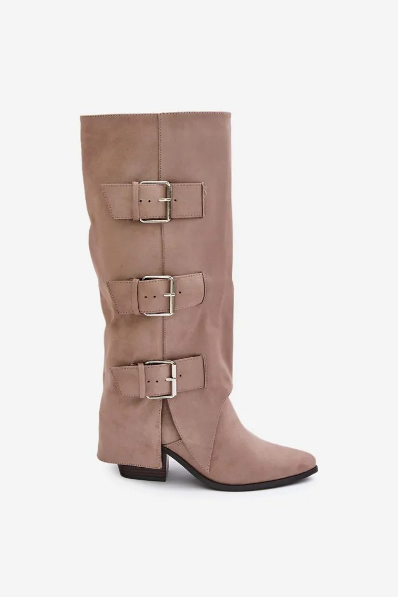 Discount Kozaki Na Słupku Z Wywiniętą Cholewką I Klamrami Beżowe Vamissa Damskie Kozaki Ocieplane|Kozaki Z Wywiniętą Cholewką