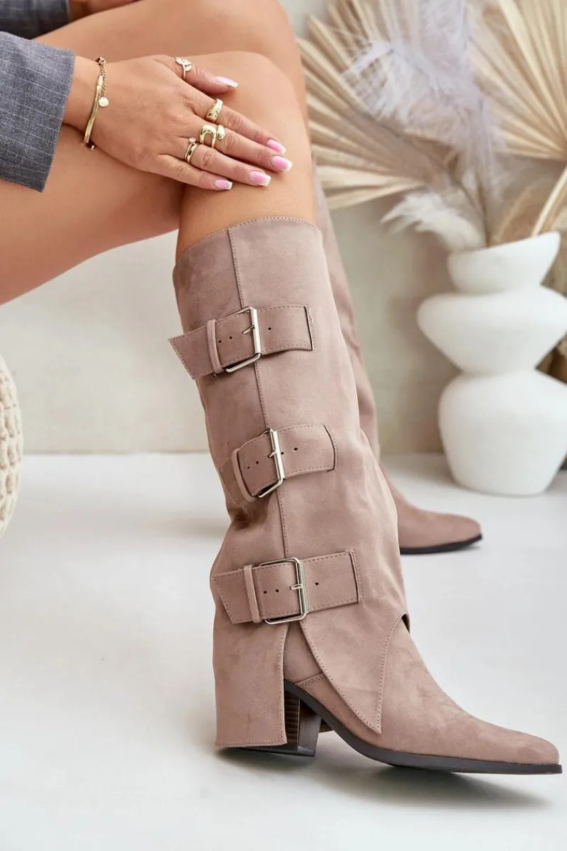 Discount Kozaki Na Słupku Z Wywiniętą Cholewką I Klamrami Beżowe Vamissa Damskie Kozaki Ocieplane|Kozaki Z Wywiniętą Cholewką