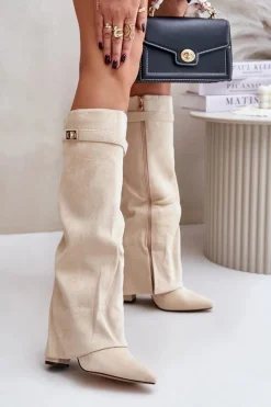 Hot Boto Kozaki Na Słupku Z Wywiniętą Cholewką Ocieplane Jasnobeżowe Urelli