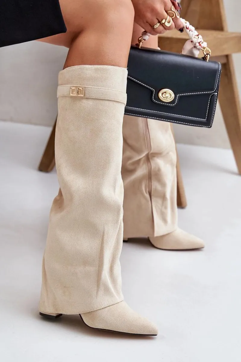 Hot Boto Kozaki Na Słupku Z Wywiniętą Cholewką Ocieplane Jasnobeżowe Urelli