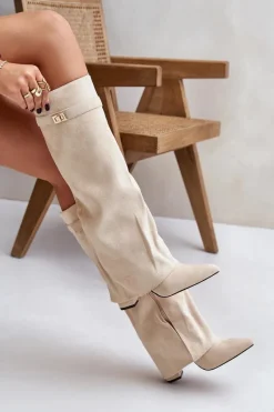 Hot Boto Kozaki Na Słupku Z Wywiniętą Cholewką Ocieplane Jasnobeżowe Urelli