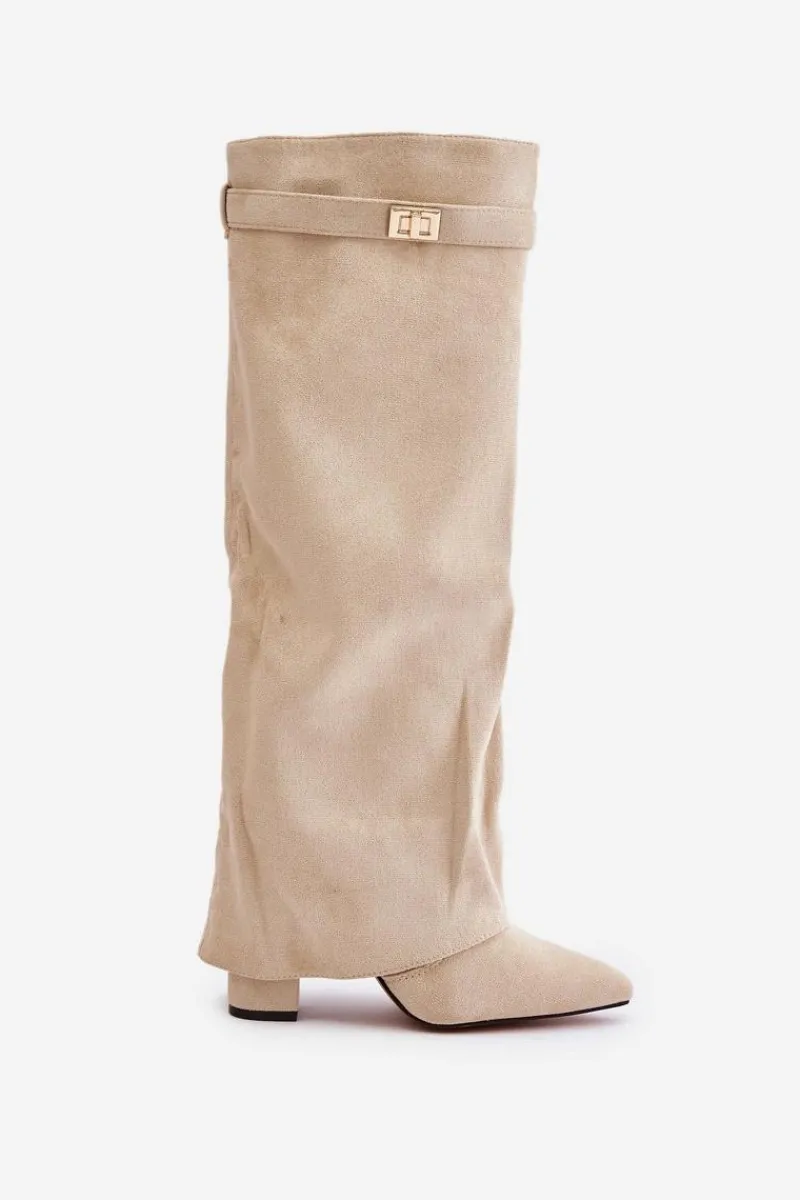 Hot Boto Kozaki Na Słupku Z Wywiniętą Cholewką Ocieplane Jasnobeżowe Urelli