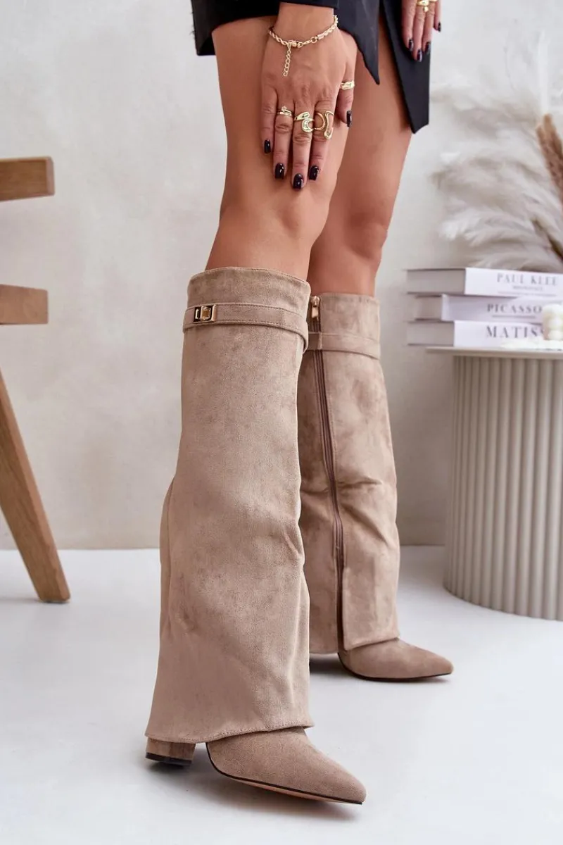 Kozaki Ocieplane|Kozaki Na Słupku>Boto Kozaki Na Słupku Z Wywiniętą Cholewką Ocieplane Beżowe Urelli Beżowy