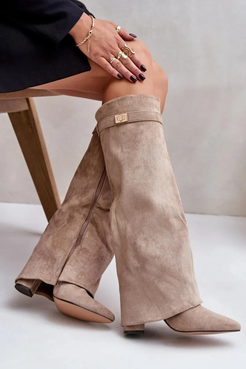 Kozaki Ocieplane|Kozaki Na Słupku>Boto Kozaki Na Słupku Z Wywiniętą Cholewką Ocieplane Beżowe Urelli Beżowy