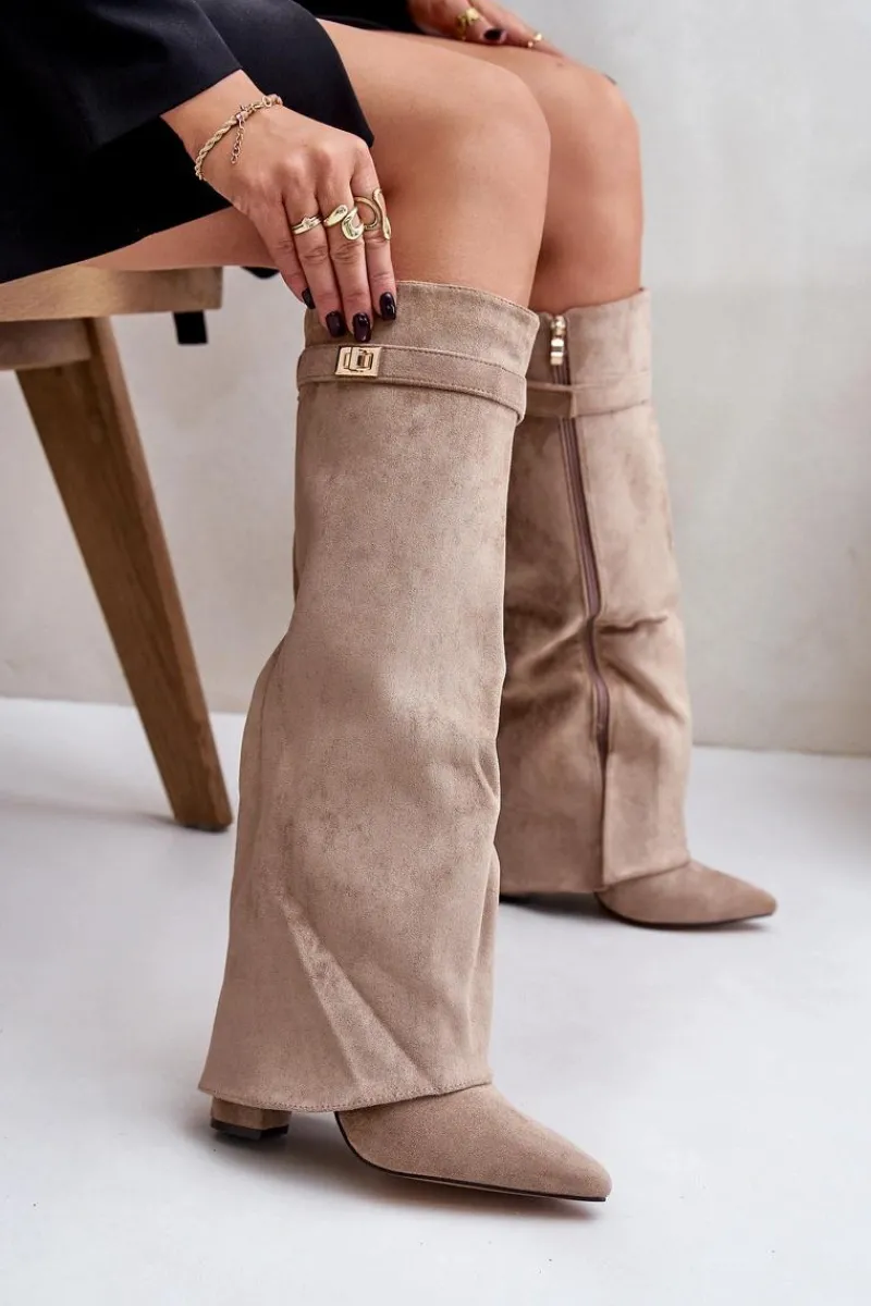 Kozaki Ocieplane|Kozaki Na Słupku>Boto Kozaki Na Słupku Z Wywiniętą Cholewką Ocieplane Beżowe Urelli Beżowy