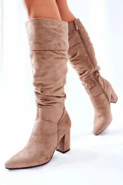 Sale Kozaki Na Słupku Zamszowe Beżowe Dorelle Damskie Kozaki Na Obcasie|Kozaki Zamszowe