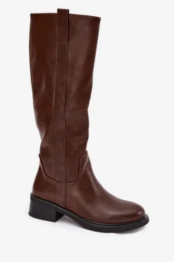 New Kozaki Oficerki Damskie Na Niskim Obcasie Ocieplane Brązowe Averna Damskie Kozaki Przed Kolano|Kozaki Na Obcasie