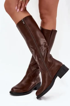 New Kozaki Oficerki Damskie Na Niskim Obcasie Ocieplane Brązowe Averna Damskie Kozaki Przed Kolano|Kozaki Na Obcasie