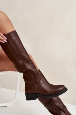 New Kozaki Oficerki Damskie Na Niskim Obcasie Ocieplane Brązowe Averna Damskie Kozaki Przed Kolano|Kozaki Na Obcasie