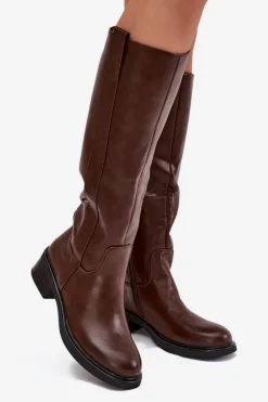 New Kozaki Oficerki Damskie Na Niskim Obcasie Ocieplane Brązowe Averna Damskie Kozaki Przed Kolano|Kozaki Na Obcasie