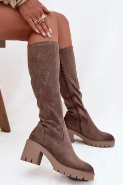 Sale Buty damskie Vinceza Kozaki Przed Kolano Eko Zamszowe Na Słupku Vinceza 58332 Ciemnobeżowe Beżowy