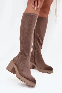 Sale Buty damskie Vinceza Kozaki Przed Kolano Eko Zamszowe Na Słupku Vinceza 58332 Ciemnobeżowe Beżowy