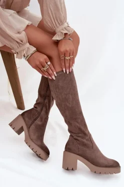 Sale Buty damskie Vinceza Kozaki Przed Kolano Eko Zamszowe Na Słupku Vinceza 58332 Ciemnobeżowe Beżowy