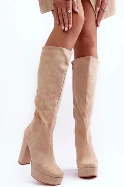 Hot Kozaki Przed Kolano Na Obcasie I Platformie Beżowe Baldrema Damskie Kozaki Przed Kolano|Kozaki Na Obcasie