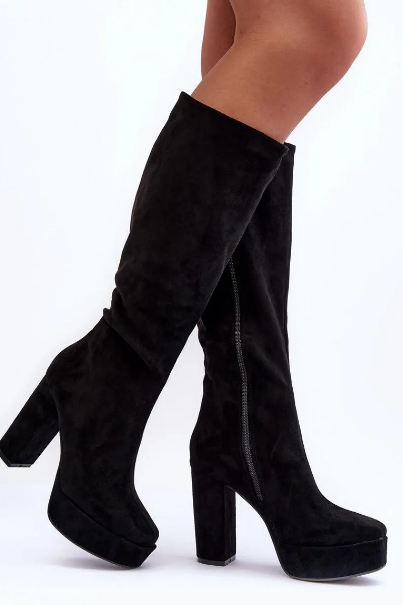 Online Boto Kozaki Przed Kolano Na Obcasie I Platformie Czarne Baldrema