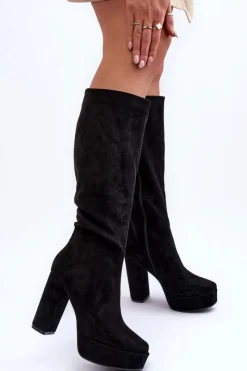 Online Boto Kozaki Przed Kolano Na Obcasie I Platformie Czarne Baldrema
