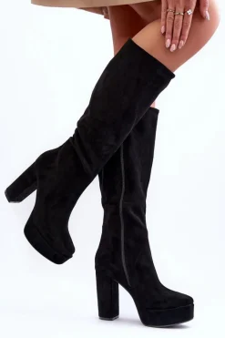 Online Boto Kozaki Przed Kolano Na Obcasie I Platformie Czarne Baldrema