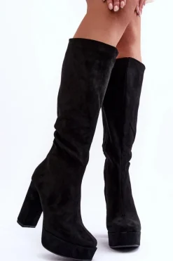 Online Boto Kozaki Przed Kolano Na Obcasie I Platformie Czarne Baldrema