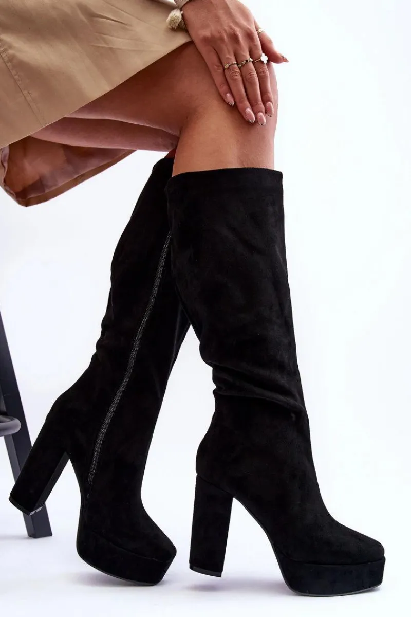 Online Boto Kozaki Przed Kolano Na Obcasie I Platformie Czarne Baldrema
