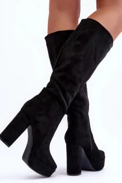 Online Boto Kozaki Przed Kolano Na Obcasie I Platformie Czarne Baldrema