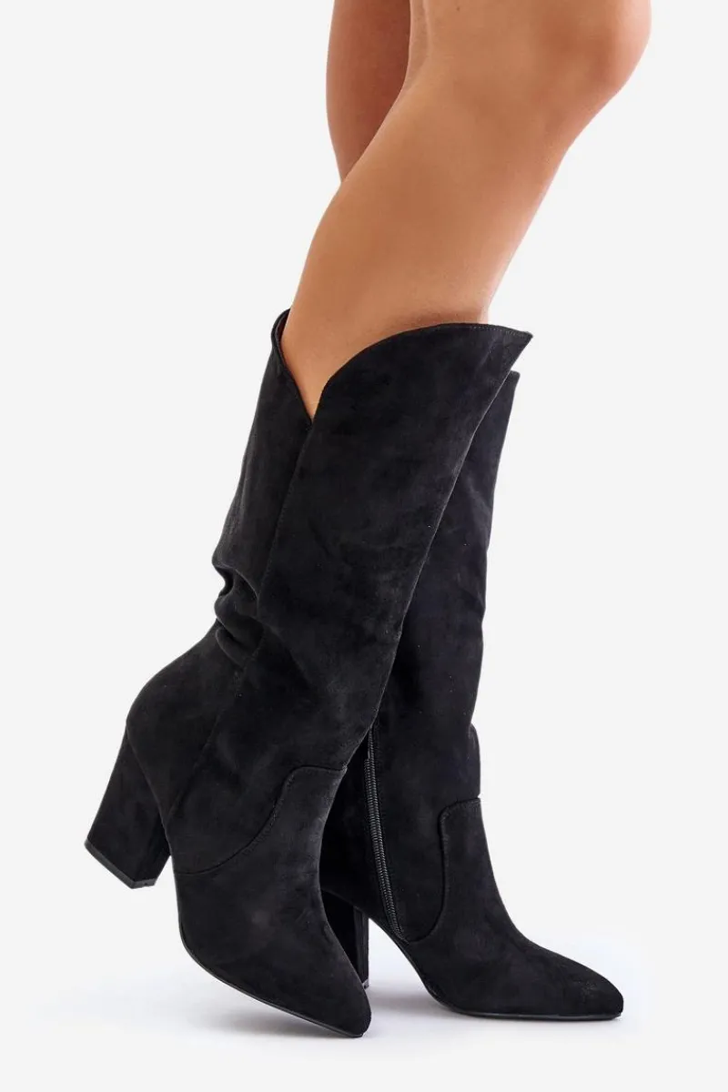 Hot Boto Kozaki Przed Kolano Na Słupku Z Eko Zamszu Czarne Clorira Czarny