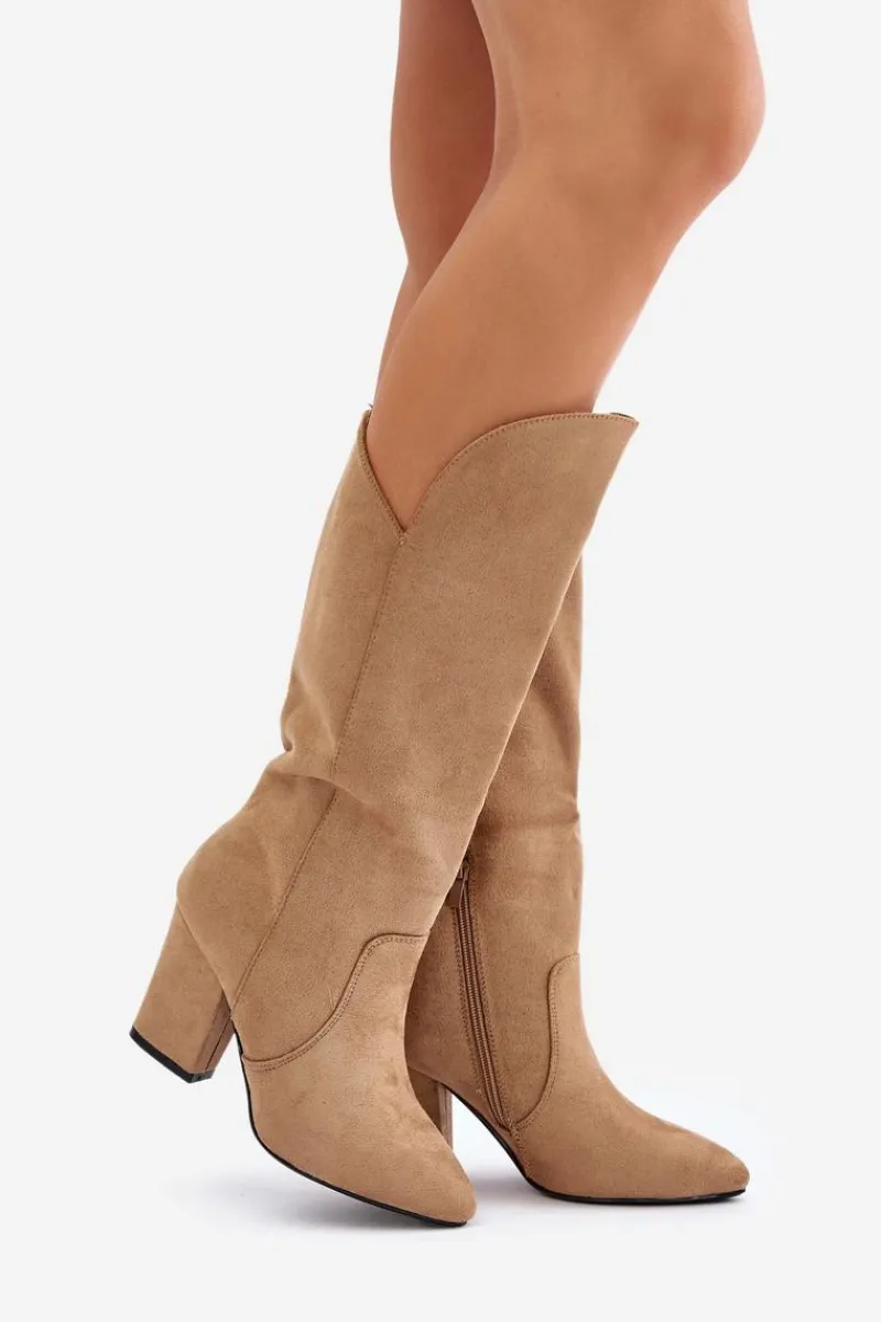 Kozaki Na Słupku|Kozaki Przed Kolano>Boto Kozaki Przed Kolano Na Słupku Z Eko Zamszu Beżowe Clorira