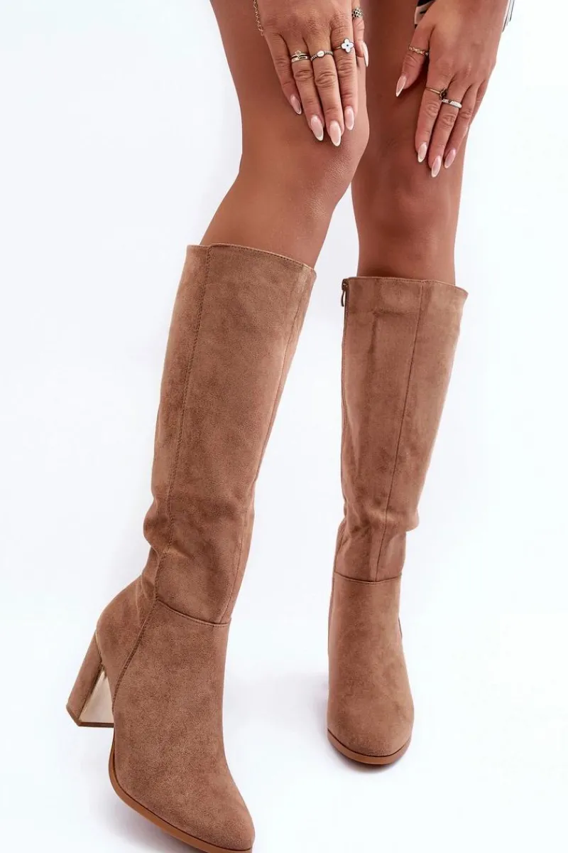 Discount Kozaki Przed Kolano Na Słupku Zamszowe Ciemnobeżowe Kilrenita Damskie Kozaki Przed Kolano|Kozaki Na Obcasie
