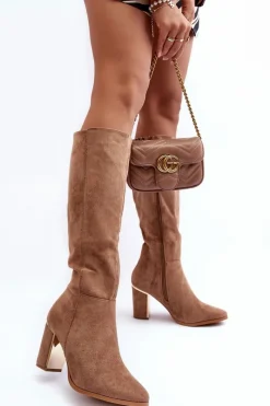 Discount Kozaki Przed Kolano Na Słupku Zamszowe Ciemnobeżowe Kilrenita Damskie Kozaki Przed Kolano|Kozaki Na Obcasie