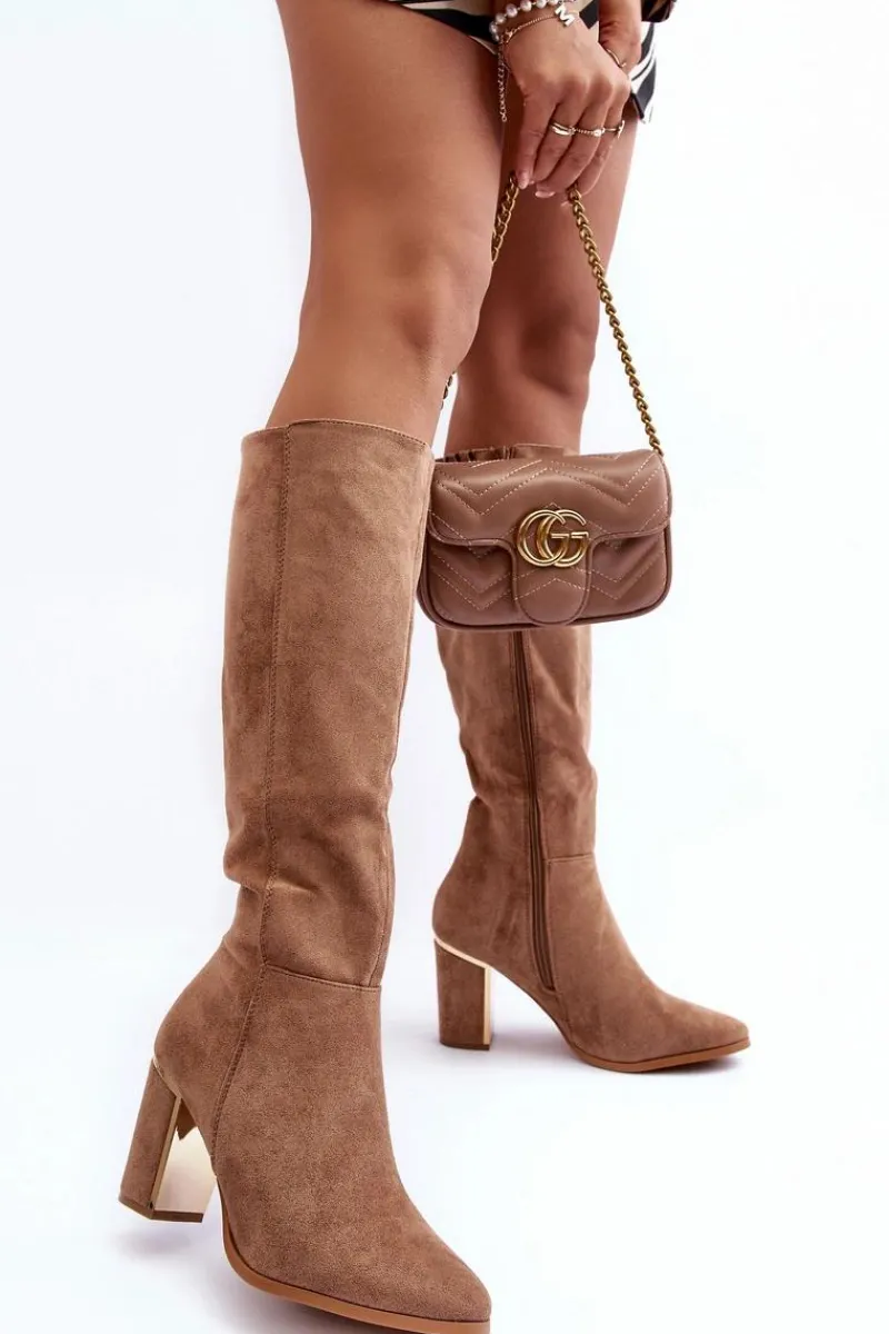 Discount Kozaki Przed Kolano Na Słupku Zamszowe Ciemnobeżowe Kilrenita Damskie Kozaki Przed Kolano|Kozaki Na Obcasie