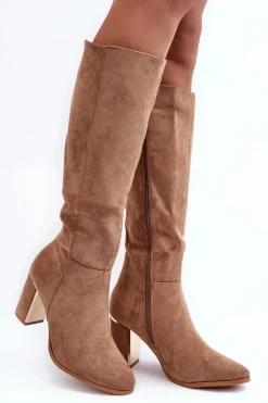 Discount Kozaki Przed Kolano Na Słupku Zamszowe Ciemnobeżowe Kilrenita Damskie Kozaki Przed Kolano|Kozaki Na Obcasie