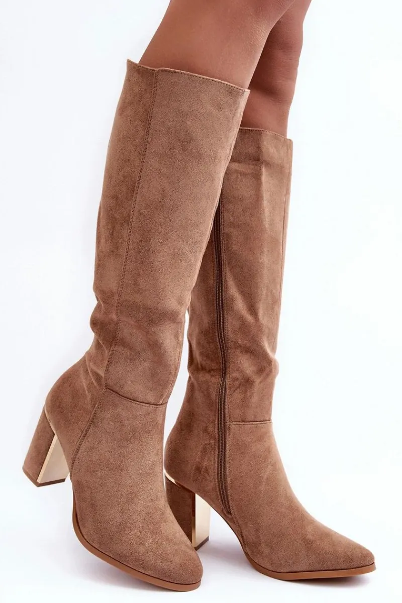 Discount Kozaki Przed Kolano Na Słupku Zamszowe Ciemnobeżowe Kilrenita Damskie Kozaki Przed Kolano|Kozaki Na Obcasie