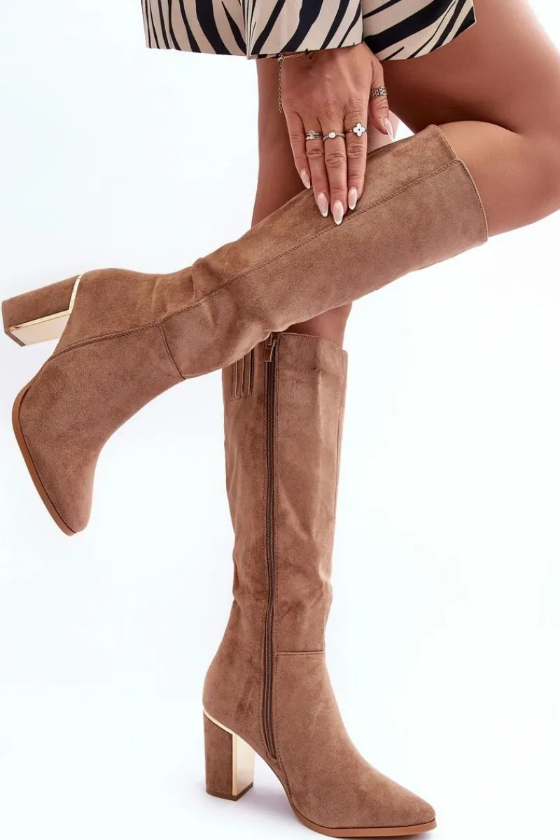 Discount Kozaki Przed Kolano Na Słupku Zamszowe Ciemnobeżowe Kilrenita Damskie Kozaki Przed Kolano|Kozaki Na Obcasie