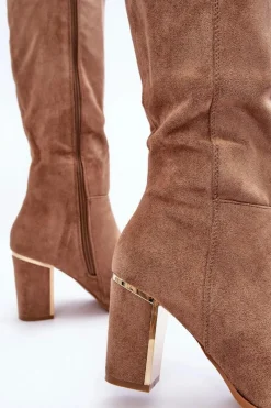 Discount Kozaki Przed Kolano Na Słupku Zamszowe Ciemnobeżowe Kilrenita Damskie Kozaki Przed Kolano|Kozaki Na Obcasie