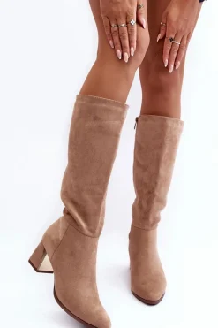 Clearance Boto Kozaki Przed Kolano Zamszowe Na Obcasie Beżowe Inatris