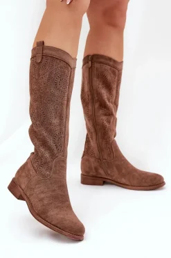 Clearance Kozaki Z Ażurową Cholewką Na Płaskim Obcasie S.Barski HY51-860 Brązowe Damskie Kozaki Wiosenne|Kozaki Ażurowe