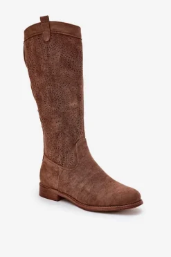 Clearance Kozaki Z Ażurową Cholewką Na Płaskim Obcasie S.Barski HY51-860 Brązowe Damskie Kozaki Wiosenne|Kozaki Ażurowe