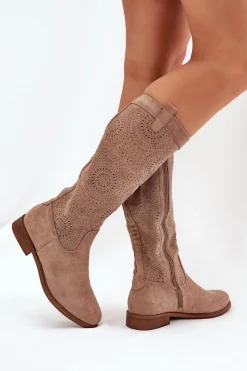 Online Kozaki Z Ażurową Cholewką Na Płaskim Obcasie S.Barski HY51-860 Beżowe Damskie Kozaki Wiosenne|Kozaki Ażurowe