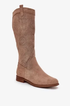 Online Kozaki Z Ażurową Cholewką Na Płaskim Obcasie S.Barski HY51-860 Beżowe Damskie Kozaki Wiosenne|Kozaki Ażurowe