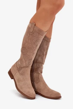 Online Kozaki Z Ażurową Cholewką Na Płaskim Obcasie S.Barski HY51-860 Beżowe Damskie Kozaki Wiosenne|Kozaki Ażurowe