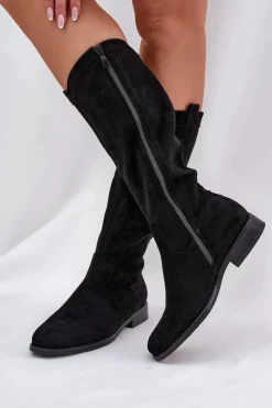 Kozaki Wiosenne|Kozaki Ażurowe>Damskie buty S.Barski Kozaki Z Ażurową Cholewką Na Płaskim Obcasie S.Barski HY51-860 Czarne Czarny