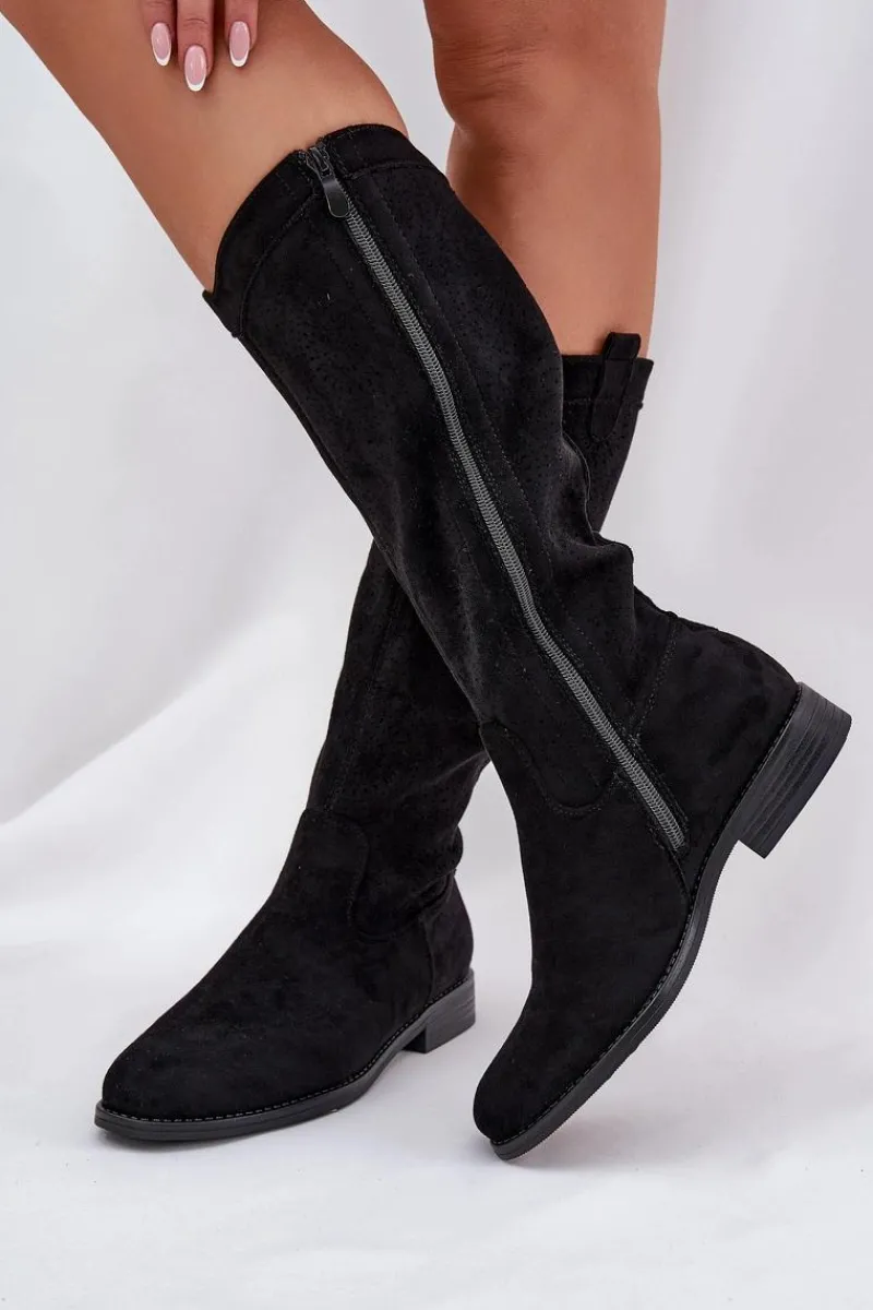 Kozaki Wiosenne|Kozaki Ażurowe>Damskie buty S.Barski Kozaki Z Ażurową Cholewką Na Płaskim Obcasie S.Barski HY51-860 Czarne Czarny