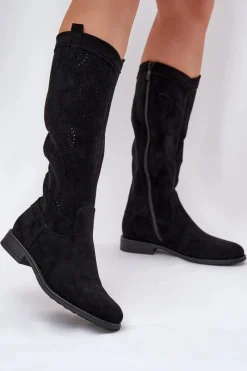 Kozaki Wiosenne|Kozaki Ażurowe>Damskie buty S.Barski Kozaki Z Ażurową Cholewką Na Płaskim Obcasie S.Barski HY51-860 Czarne Czarny