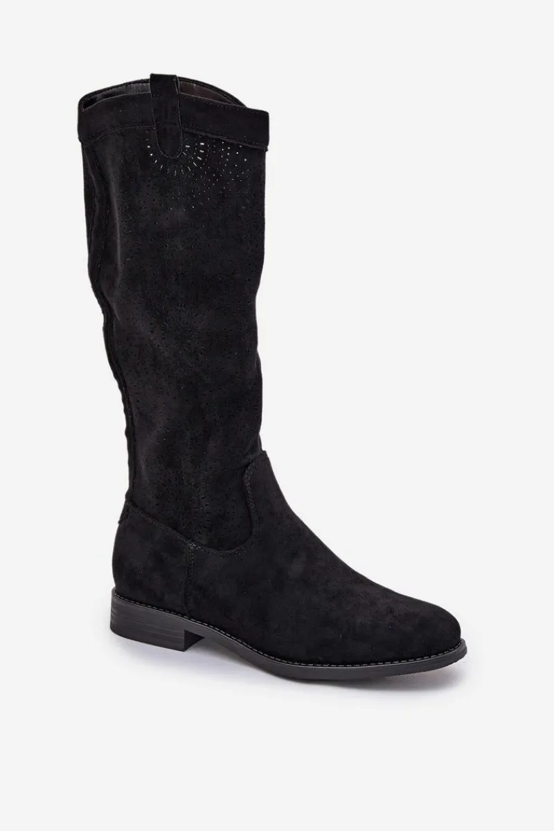 Kozaki Wiosenne|Kozaki Ażurowe>Damskie buty S.Barski Kozaki Z Ażurową Cholewką Na Płaskim Obcasie S.Barski HY51-860 Czarne Czarny