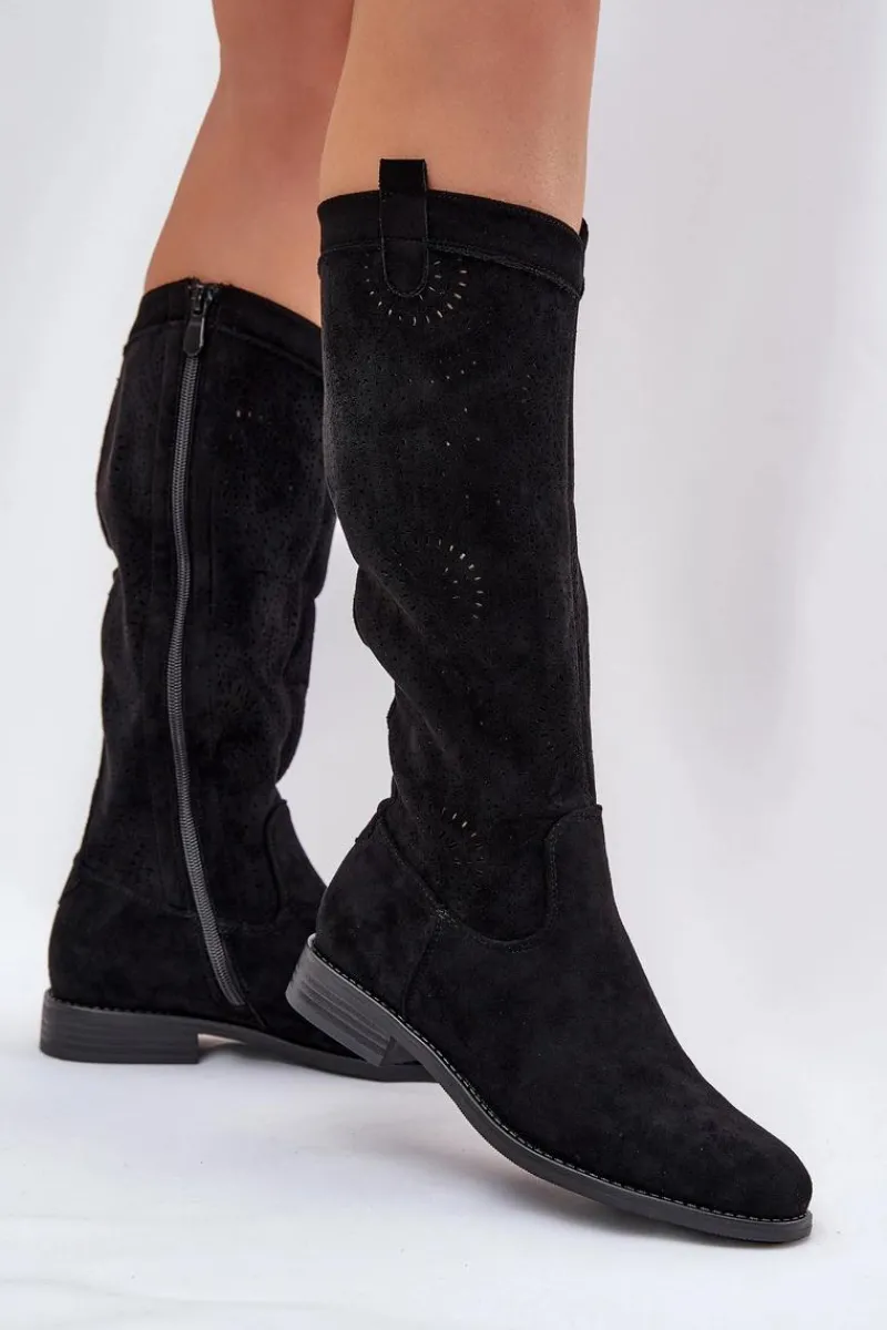 Kozaki Wiosenne|Kozaki Ażurowe>Damskie buty S.Barski Kozaki Z Ażurową Cholewką Na Płaskim Obcasie S.Barski HY51-860 Czarne Czarny