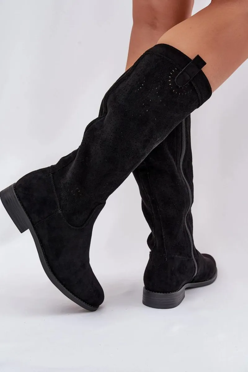 Kozaki Wiosenne|Kozaki Ażurowe>Damskie buty S.Barski Kozaki Z Ażurową Cholewką Na Płaskim Obcasie S.Barski HY51-860 Czarne Czarny